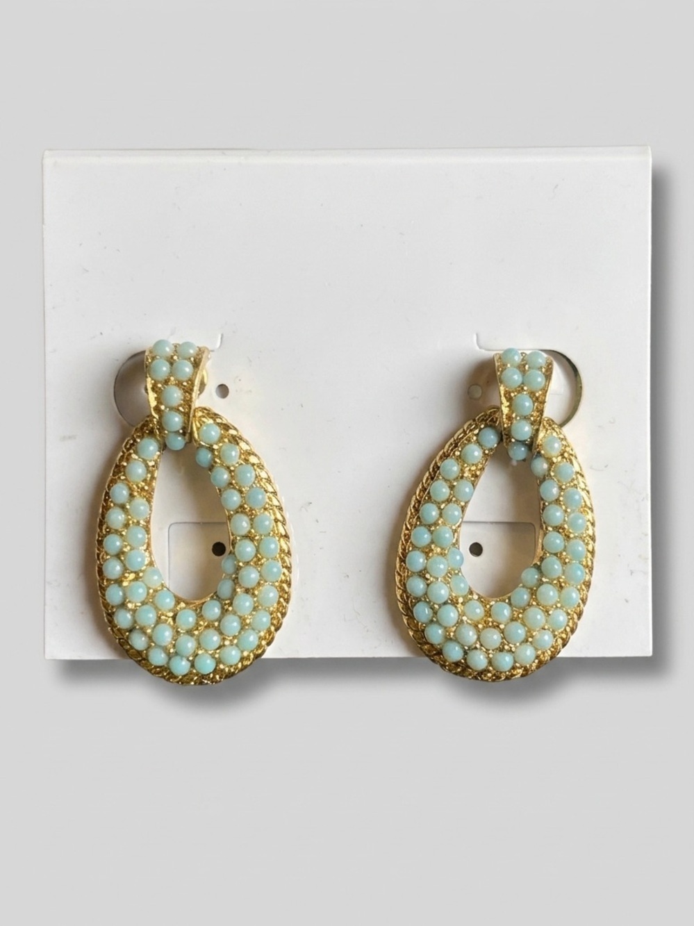 Vintage Gold Tone Teardrop Screw Back Earrings with Light Blue Bead Accents